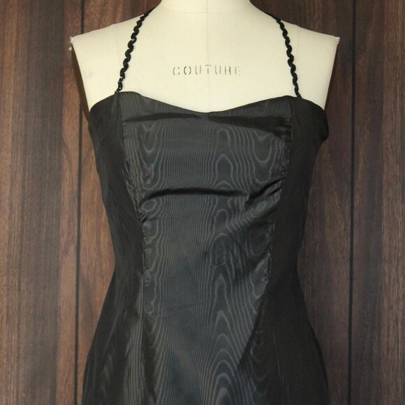 Vintage 1960s Dress, Black Taffeta Maxidress, Long Wiggle Moire, Sequin Trim - Picture 3 of 10